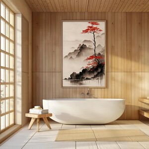 Vertical ink wash landscape canvas print with misty mountains, calm lake, and red autumn tree minimalist neutral wall art for modern Zen decor.