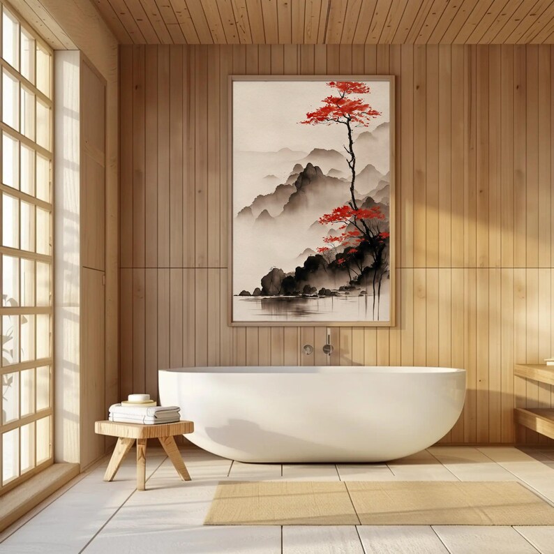 Vertical ink wash landscape canvas print with misty mountains, calm lake, and red autumn tree minimalist neutral wall art for modern Zen decor.