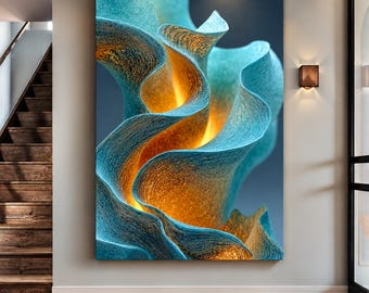 May include: A large rectangular wall art piece featuring abstract, flowing, wave-like forms in vibrant teal and deep blue. The interior curves of the shapes are illuminated with a warm, glowing golden light, creating a high-contrast visual effect.