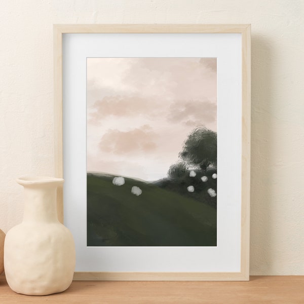 Abstract Landscape Wall Art | Nostalgic Nature Beauty | Watercolor Landscape Paiting | Beige and Green Hill Poster