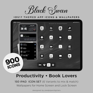 May include: A black and white iPad screen displaying a mockup of the Black Swan iOS 17 themed app icons and wallpapers. The screen shows a clock, calendar, and various app icons in a grid layout. The text "900 ICONS" is displayed in a white circle on the left side of the screen. The text "Productivity • Book Lovers" is displayed below the iPad screen. The text "150 IPAD ICON SET (6 Variants to mix & match)" is displayed below the previous text. The text "Wallpapers for Home Screen and Lock Screen" is displayed below the previous text. The text "designed by piedpiperdigitals" is displayed below the previous text.