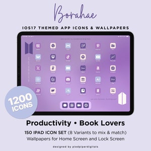 以下が含まれることがあります： iOS 17 用の 150 個のアプリアイコンのセットが表示された iPad の画面。アイコンはグリッド状に配置されており、Instagram、TikTok、Spotify、YouTube などのさまざまな人気アプリが掲載されています。画面の上部には「Borahae」というテキストが表示され、左下隅の円形には「1200 ICONS」というテキストが表示されています。画面の下部には「Productivity Book Lovers」というテキストと、「150 IPAD ICON SET (8 Variants to mix & match) Wallpapers for Home Screen and Lock Screen」というテキストが表示されています。
