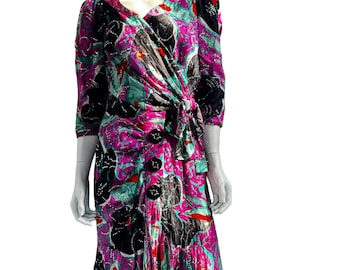Vintage Lanvin Silk Skirt Set: Abstract Print, Crystal Embellished, 80s Couture