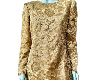 Vintage Mary McFadden Couture Gold Lace Dress: Sculptural Shoulders, Size 12
