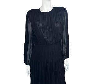 Vintage Eva Chun Black Silk Chiffon Dress | 1980s Pleated Sheer Long Sleeve Cocktail Dress |
