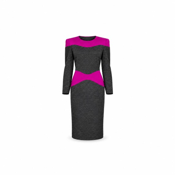 Lanvin, Vintage Lanvin Wool Colorblock Dress: Charcoal & Purple, Made in France, Size FR 46