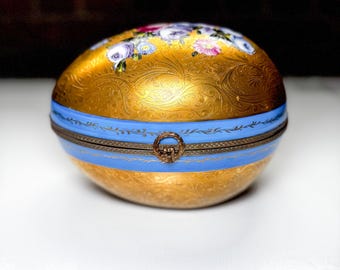 Large Limoges Egg Trinket Box: Hand-Painted Floral Porcelain, Gold & Cobalt