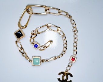 Vintage Chanel 2002 Métiers d’Art Chain Belt – Gold Link w/ Enamel Inlays & CC Medallion, 37” (No Clasp)