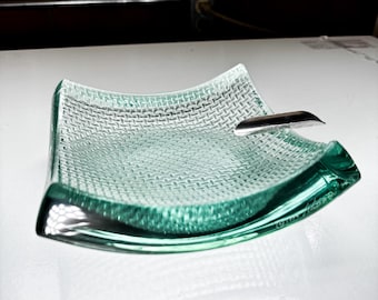 Stephen Schlanser Signed Glass Ashtray: Modernist Studio Art, Sterling Silver Rest