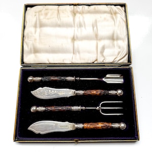 Victorian Sterling Silver Stag Antler Carving Set: James Ernest & Sons, Sheffield 1897