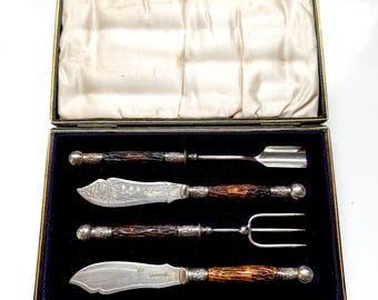 Victorian Sterling Silver Stag Antler Carving Set: James Ernest & Sons, Sheffield 1897