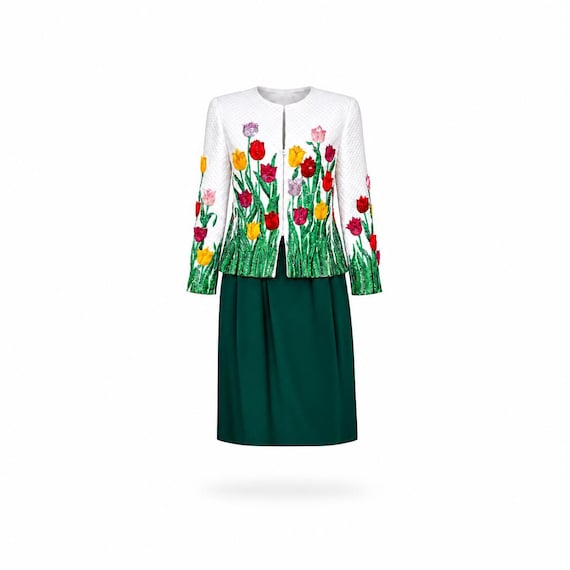 Oscar de la Renta, Vintage Oscar de la Renta Embroidered Tulip Jacket & Skirt Set: Couture Made in USA