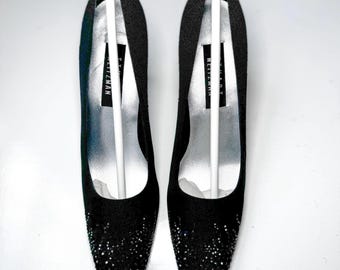 Vintage Stuart Weitzman Black Satin Rhinestone Pumps | Size 10 AA