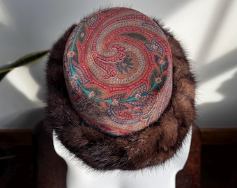 Vintage Lanvin Paisley Wool & Mink Fur Pillbox Hat