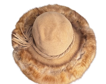 Vintage Wool Felt Hat with Golden Sable Fur Trim | Wide Brim Couture