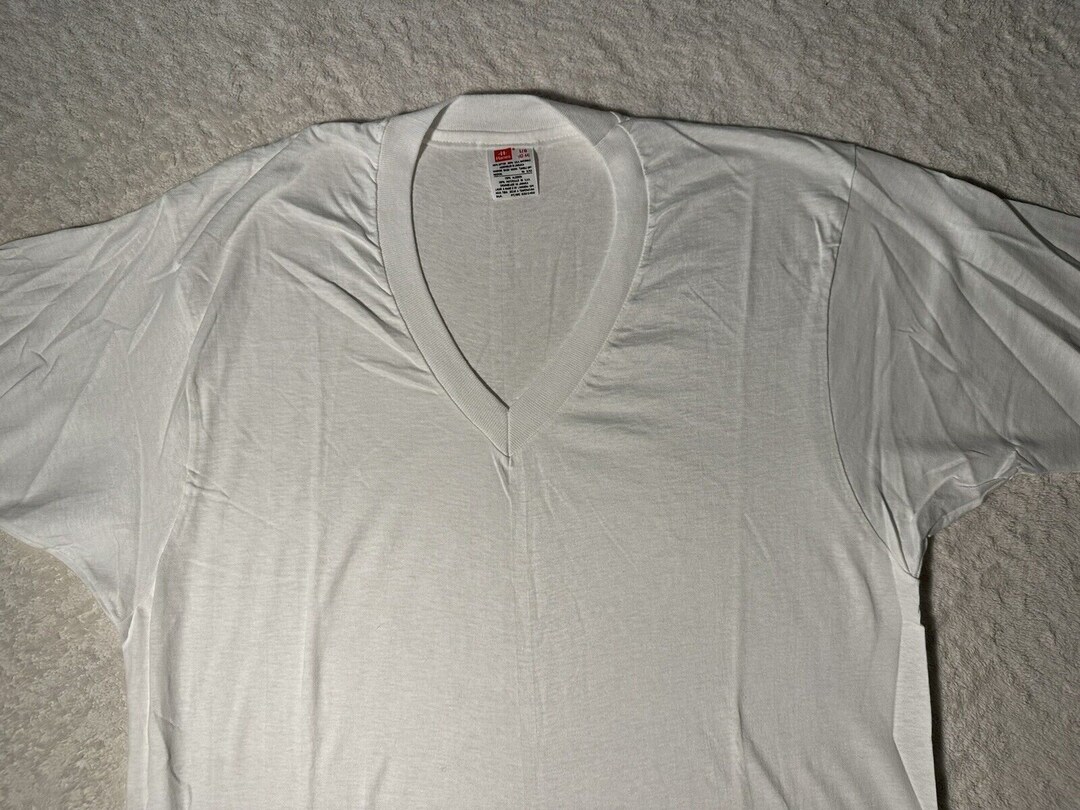Vintage 1980s 1990s Hanes V Neck Basic Blank Single Stitch T