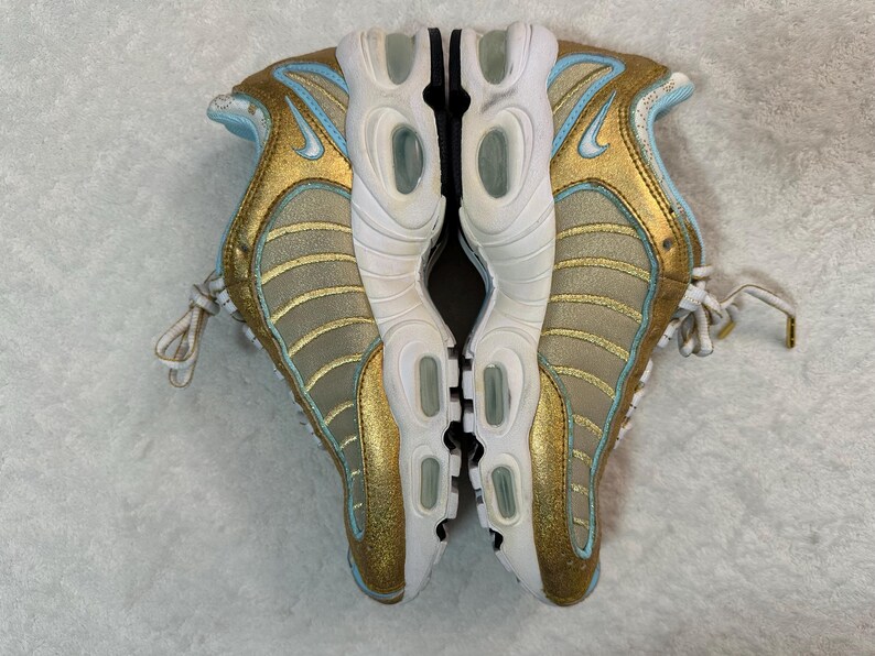 Pu&ograve; includere: Paio di scarpe sportive oro e azzurro chiaro. Le scarpe hanno suola e lacci bianchi. Il logo Nike &egrave; visibile sul lato di ogni scarpa. Le scarpe sono mostrate da una prospettiva dall'alto.