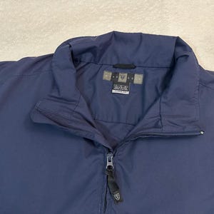 May include: A navy blue jacket with a full zip and a stand-up collar. The jacket has a tag with text and a small logo. The jacket is made of a smooth, possibly water-resistant material.