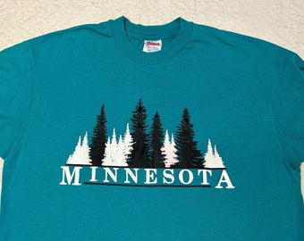 Vintage 1990s 90s Minnesota Tree Trees Forest Puff Print Camiseta natural, XL NUEVO