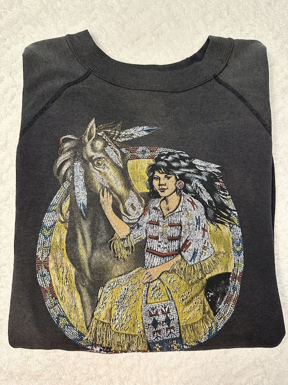 Vintage 1990s 90s Native American Woman Horse Art… - image 2