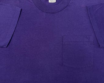 Vintage 1980s Fruit Of The Loom Made In USA Blank Basic Purple Pocket T-Shirt, L