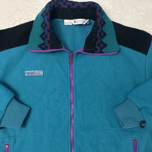 Vintage 1980s 1990s Columbia Sportswear Aztec Print Teal Fleece Jacket, Womens S