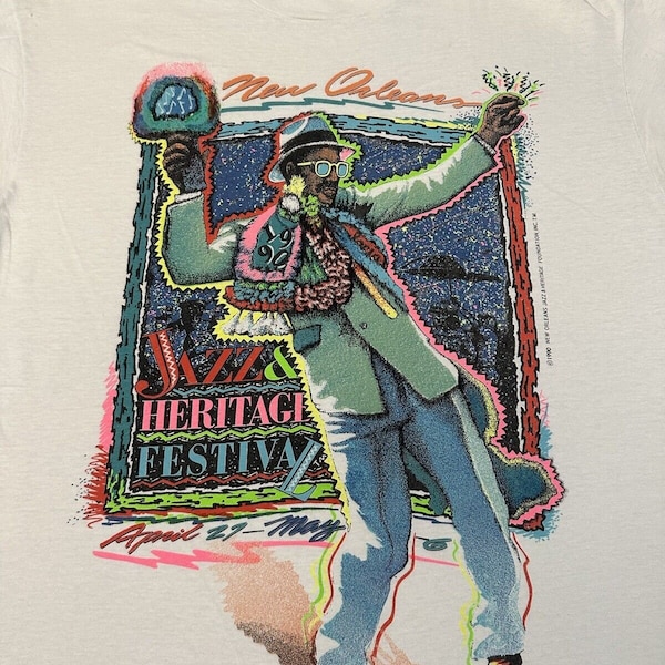 Vintage 1990s 90s New Orleans Jazz Festival Heritage Foundation Art T-Shirt, L