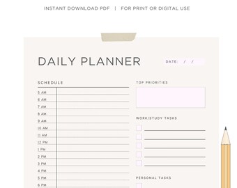 Minimalist Daily Planner | Printable Daily Planner | Productivity Planner | Work Day Schedule | Instant Download | Digital Planner