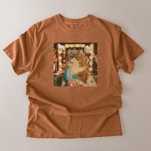 Könnte beinhalten: Ein rostfarbenes T-Shirt mit einer Grafik einer Katze, die eine Tiara und eine Schärpe mit der Aufschrift "Happee" trägt. Die Katze ist braun und weiß, und die Grafik ist vor dem Hintergrund eines Schminkspiegels platziert.