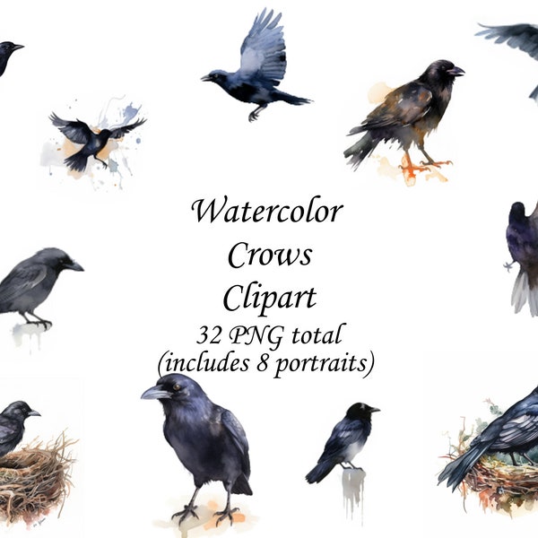 Watercolor Crows PNG, 4k, high-quality clipart, includes 8 crow portraits for backgrounds