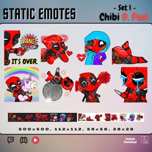 Chibi D. Pool Emote Set x8 | For Twitch, Discord & YouTube Streams| It&#39;s Over, So Fluffy, Kisses, Sad, Love, Wrecking All, Cheer, Bootiful