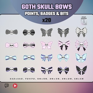 Goth Skull Bow Loyalty Badges x20 | Cute Spooky Pastel Stream Channel Points, Sub Badges & Bits | Grey, Pink, Turquoise, Black | Instant DL