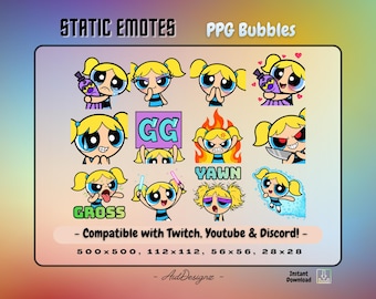 PPG Bubbles Emotes (x12) | PowerPuff Cartoon Static Emotes | Streamer Asset for Twitch, Discord, Youtube