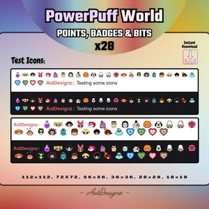 May include: A digital graphic featuring Powerpuff Girls-themed icons, badges, and bits. The image includes the text "PowerPuff World" and "POINTS, BADGES & BITS x28". Various icon sizes are listed, including 112x112, 72x72, and smaller.