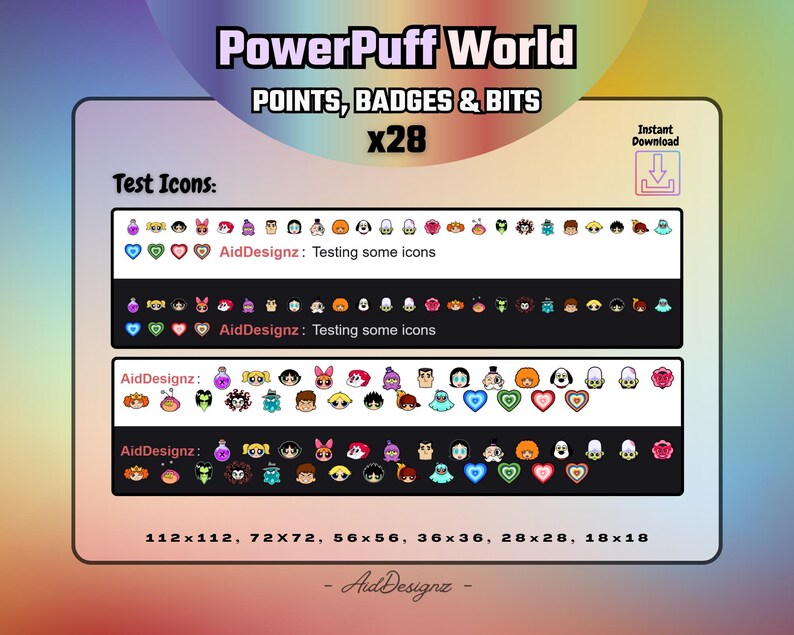 May include: A digital graphic featuring Powerpuff Girls-themed icons, badges, and bits. The image includes the text "PowerPuff World" and "POINTS, BADGES & BITS x28". Various icon sizes are listed, including 112x112, 72x72, and smaller.