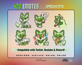 420 Sprigatito Emotes | x6 Static Weed Cat Designs | Streamer Asset for Twitch, Discord, etc.
