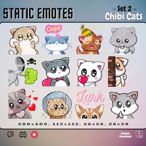 Chibi Cat Emote Set 2 | x12 Static Emotes | Cute Kawaii Stream Asset | Cheeky, Oops, Party Time, Baby, Deadly Fart, Holding Heart, Lurking +