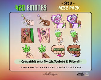 420 Misc Emote Set #3 | x12 420 Emotes | Green/Pink/Purple Color Scheme | Stoner Assets