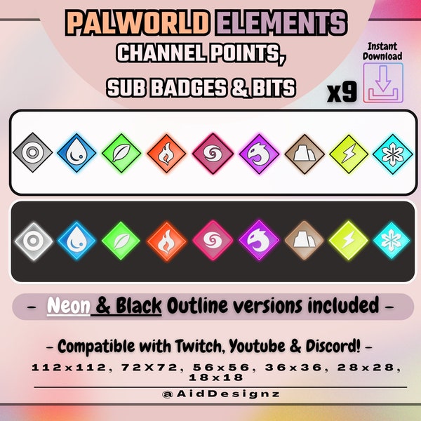 Palworld Pal Elements x9 - Black Outline | Stream Points, Sub Badges/Bits | Neutral, Water, Grass, Fire, Dark, Dragon, Ground, Electric, Ice