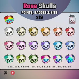 Rose Skull Loyalty Badges x19 | Cute Floral Skull Stream Channel Points, Sub Badges & Bit | White, Orange, Red, Pink, Purple, Blue, Rainbow