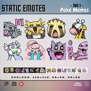 PokeMeme Emote Set 1 | x8 Static Emotes | Cute Stream Asset for Twitch, Discord & Youtube | Hi, OMG, Shocked, Flirty, Puke, Crying, Ecstatic