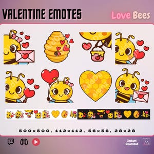 Abejas del amor / 8 gestos estáticos / Edición de San Valentín / Recurso de transmisión Kawaii para Twitch, Discord y YouTube / Abejas, miel, colmena, carta de amor