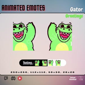 Gator Greetings Emote Pair | x2 ANIMATED EMOTES | Chibi Alligator Crocodile Emotes | Stream Asset for Twitch, Discord, & Youtube  | Hi, Bye
