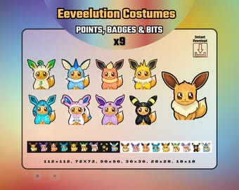 Eeveelution Costume Loyalty Badges | x9 Stream Channel Points, Sub Badges & Bits for Streamers