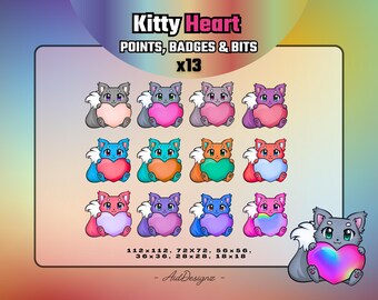 Kitty Heart Loyalty Badges (x13) | Cat Sub Badges for Streamers | Valentine Emotes