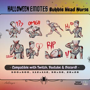 May include: A digital graphic featuring Halloween-themed emotes of a nurse with a bubble head. The emotes include expressions like surprise, fear, and greetings, with text such as "OMG!!", "Hi", and "RIP". The image is designed for use on platforms like Twitch, YouTube, and Discord.
