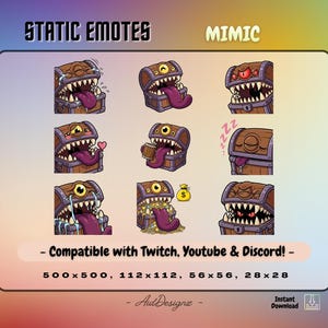 Peut inclure: Ensemble de neuf émoticônes de coffres au trésor de style cartoon avec diverses expressions. Les coffres ont des dents acérées, de longues langues violettes et des yeux expressifs. Le texte en haut indique "STATIC EMOTES" et "MIMIC".