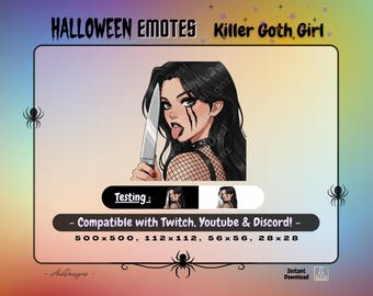 Emoticono de chica gótica asesina / Emoticono estático de Halloween para streamers / Ambiente oscuro / Reacción de stream espeluznante