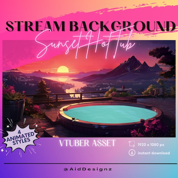 ANIMATED Stream Background: Sunset Hot Tub | VTuber & PNGTuber Asset | Lofi Anime Looped Stream Overlay Background | BG for Twitch etc.