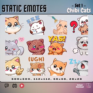 Chibi Cat Emote Set 1 | x12 Static Emotes | Cute Kawaii Stream Asset | Sad, Sleeping, Playful, Questioning, Winking, YAS, Exhausted & more!